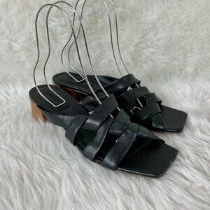 Vince Black Wrapped Leather Tessa Square Toe Block Heel Sandals EU 41 US 11M